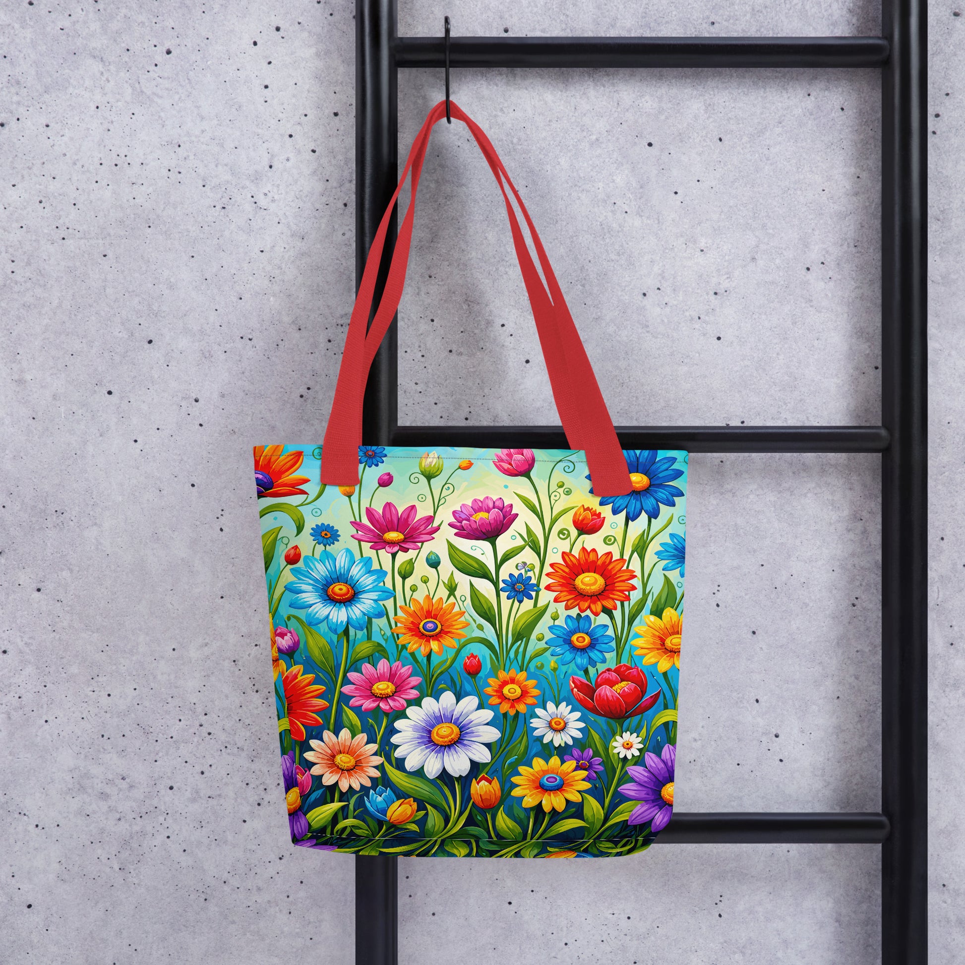 Vibrant retro flower power design featuring colorful daisies, blue, orange, and purple psychedelic boho garden artwork.