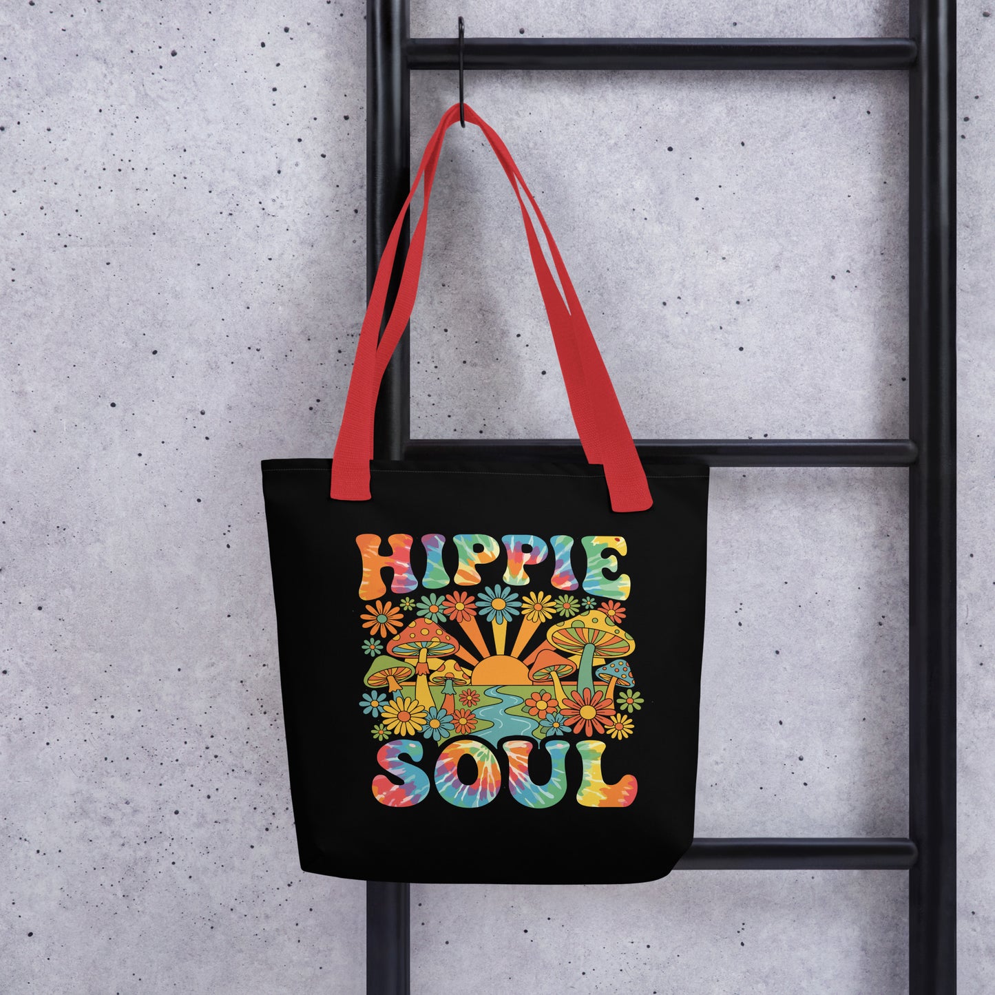 Retro Hippie Soul polyester tote bag featuring colorful mushrooms, daisies, sunburst, and tie-dye typography.