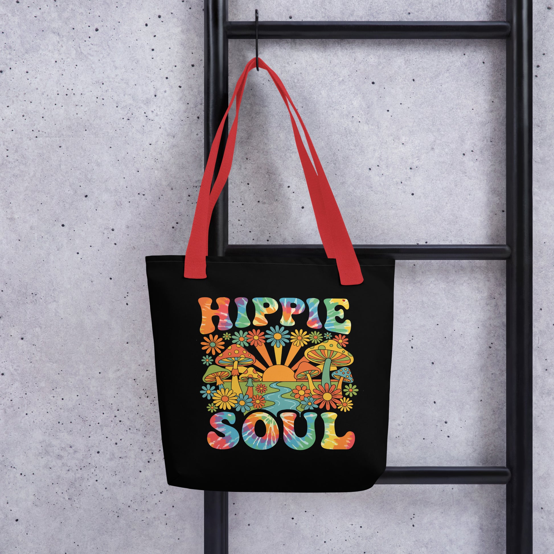 Retro Hippie Soul polyester tote bag featuring colorful mushrooms, daisies, sunburst, and tie-dye typography.