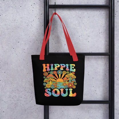 Retro Hippie Soul polyester tote bag featuring colorful mushrooms, daisies, sunburst, and tie-dye typography.