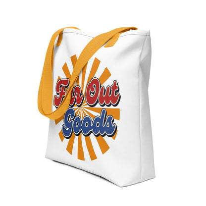 Retro orange sunburst design with Far Out Goods text in red and blue script on a black cotton tote bag.