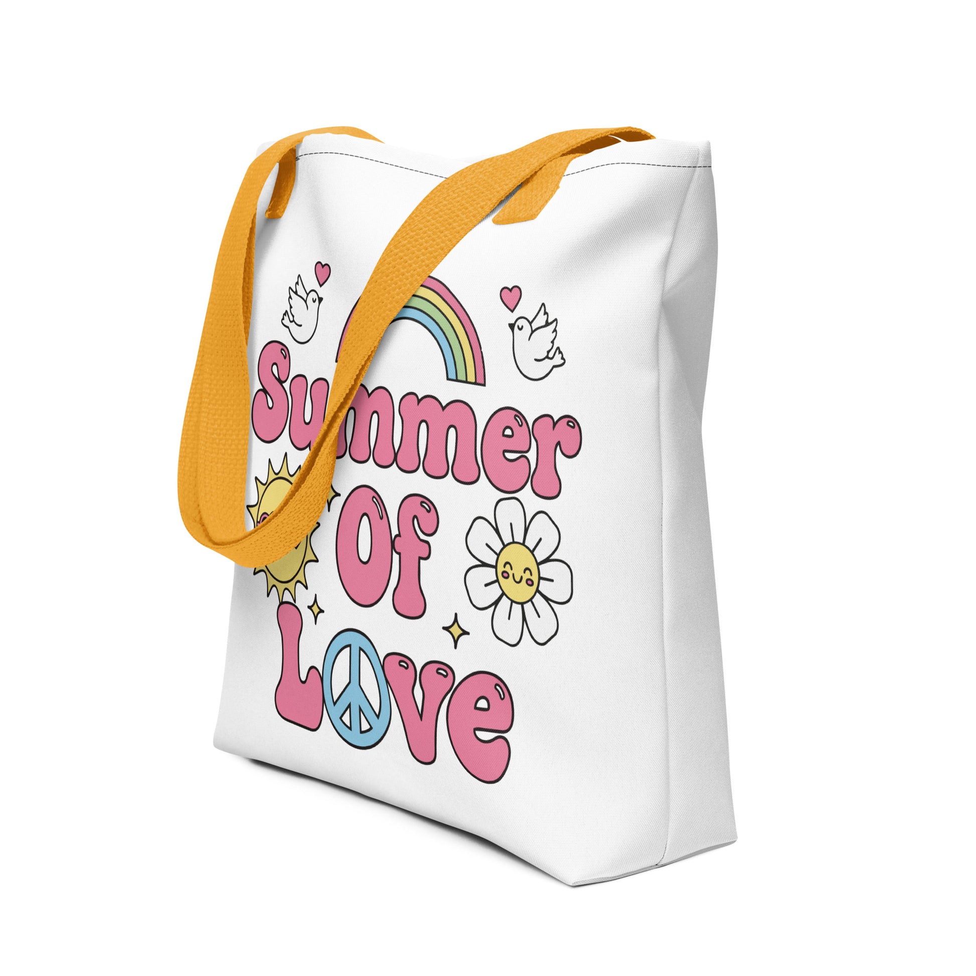 Retro Summer of Love sticker design with pink bubble letters, rainbow, sun, and daisy on a black background.