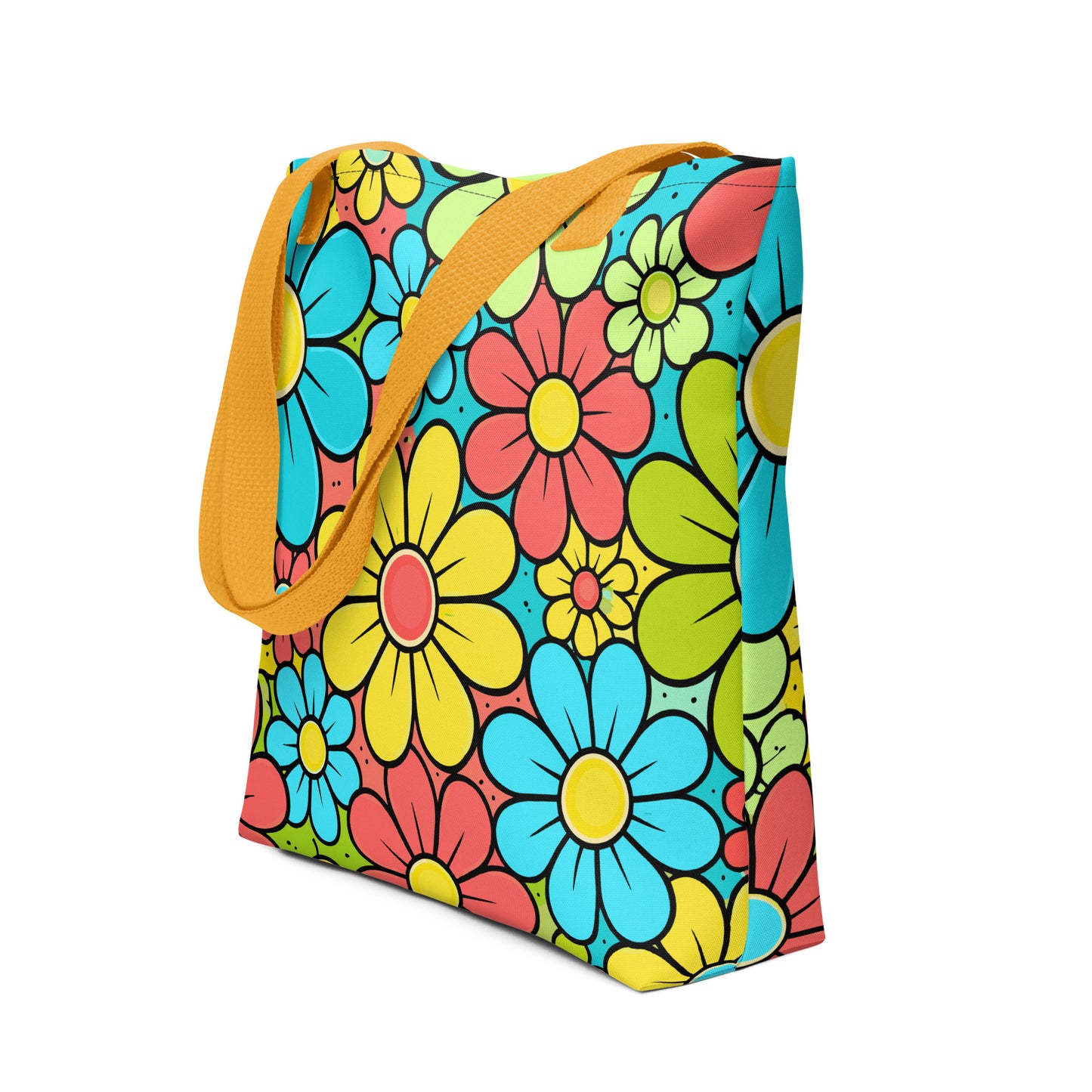 Vibrant 1960s style flower power pattern on a tote bag with blue, yellow, and green retro floral illustrations.