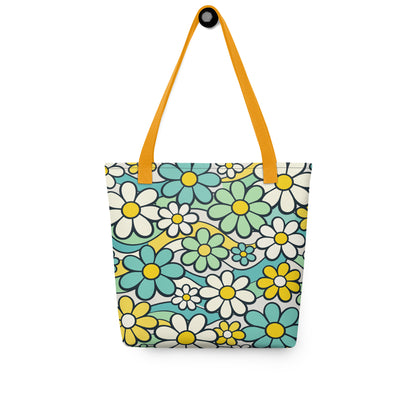 Reusable tote bag featuring a seamless 70s retro floral pattern with teal and yellow daisies and wavy lines.