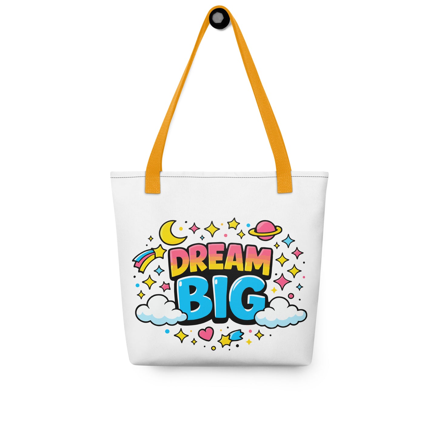 Colorful "Dream Big" text with stars, planets, and clouds in a retro 70s style on a black background tote bag.