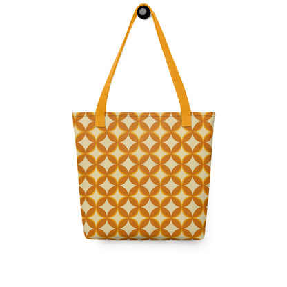 Repeating geometric pattern of interlocking orange and cream circles and stars in a 1970s retro vintage style.