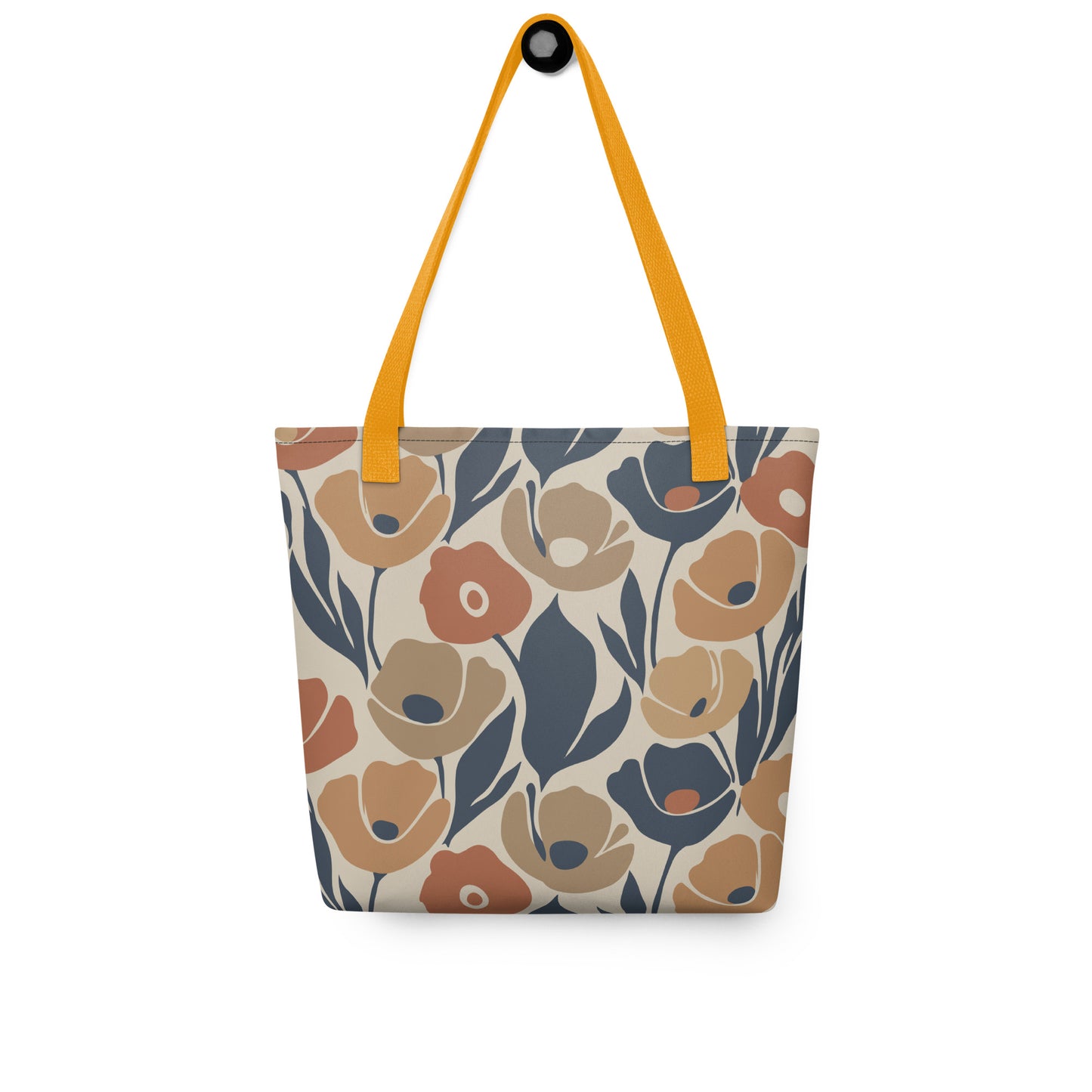 Seamless retro floral pattern tote bag with organic flower shapes in terracotta, ochre, and deep navy blue.