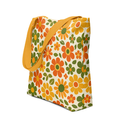 Vibrant 1970s retro flower power pattern printed on a polyester tote bag with groovy orange and yellow daisy graphics.