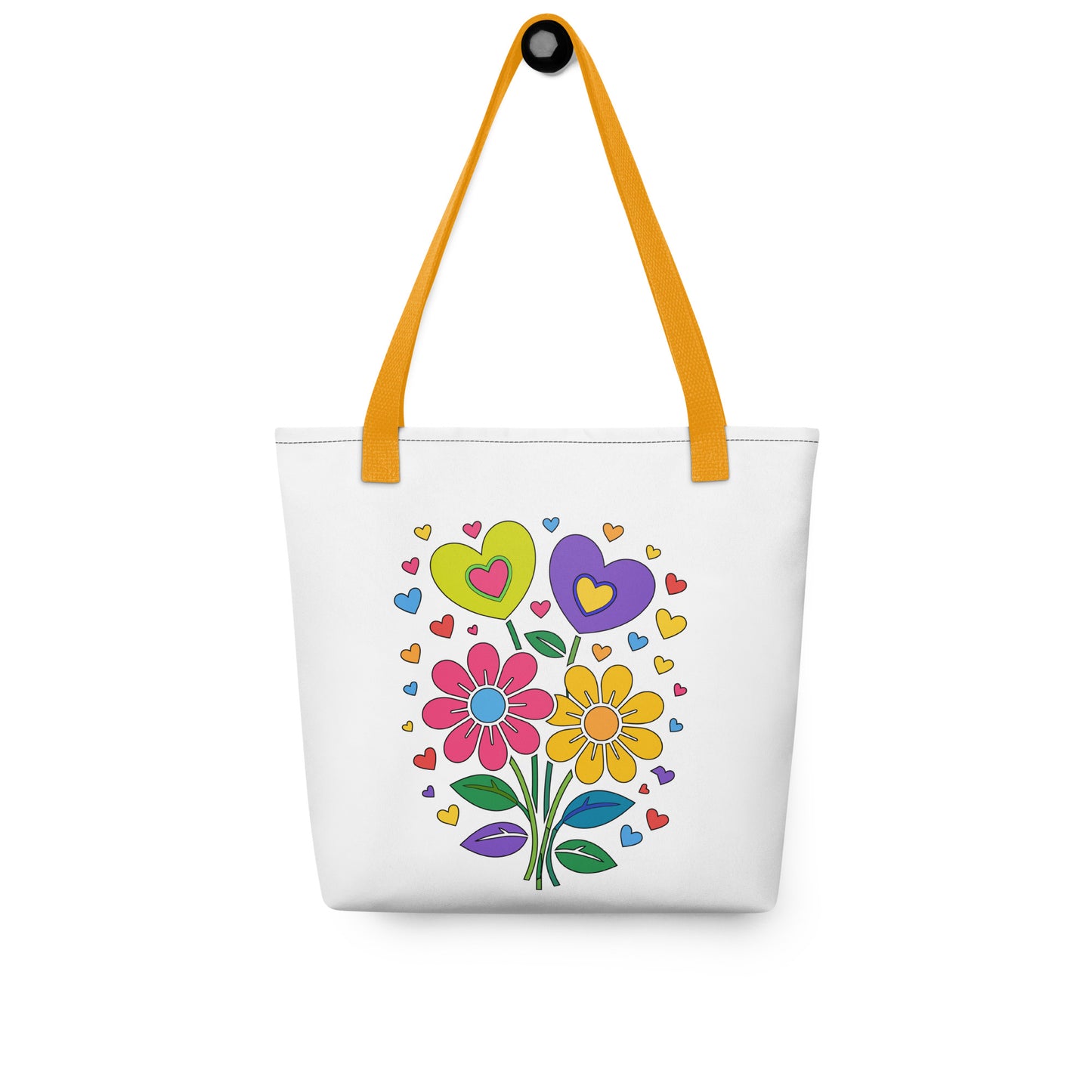 Bright 70s retro style illustration of pink and yellow daisy flowers with colorful heart bouquets. FaroutGoods