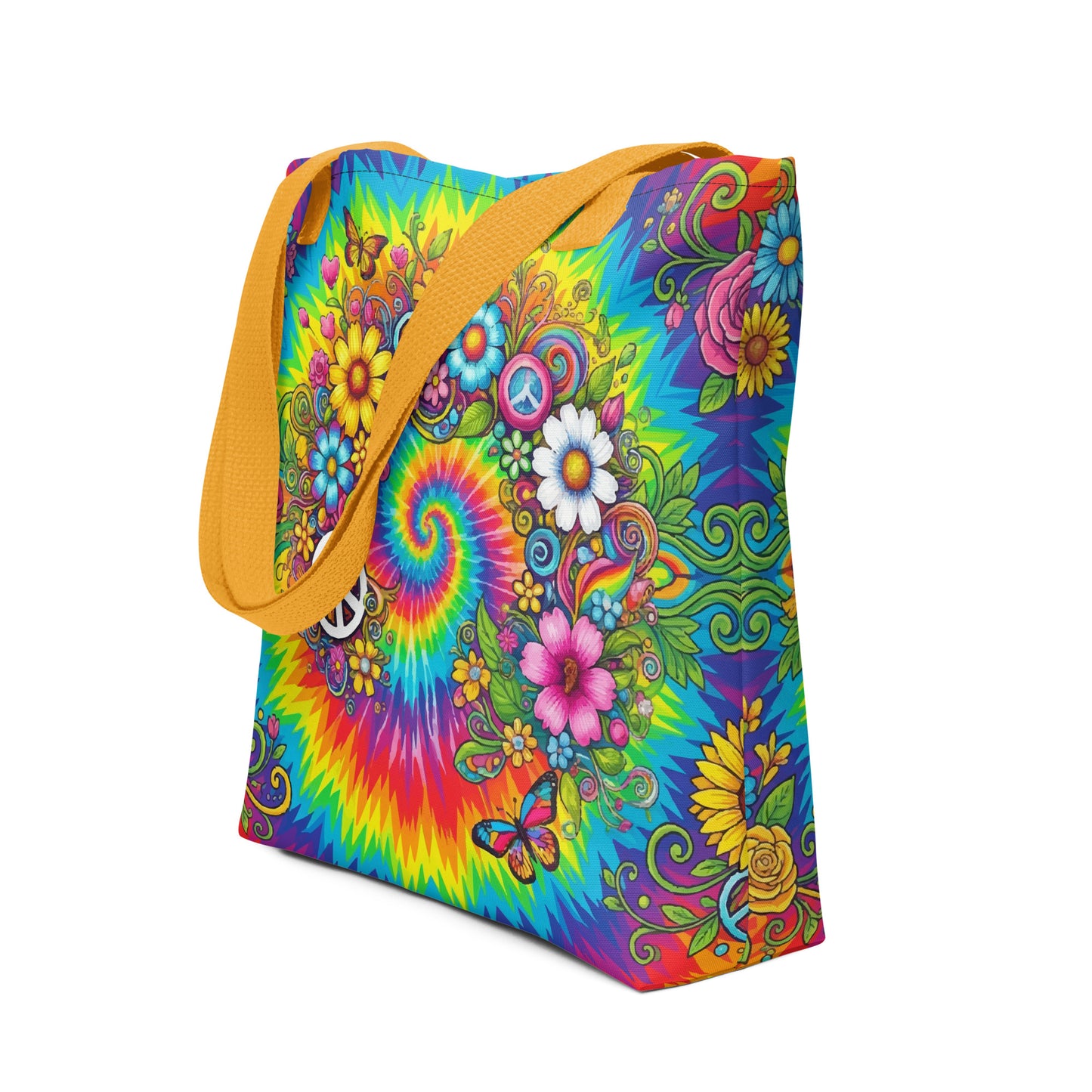 Vibrant psychedelic tie dye polyester tote bag featuring retro floral designs, butterflies, and white peace signs.