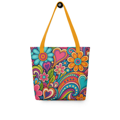 Polyester tote bag featuring a colorful 70s psychedelic doodle pattern of groovy flowers, retro swirls, and hearts.