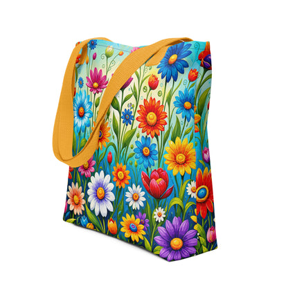 Vibrant retro flower power design featuring colorful daisies, blue, orange, and purple psychedelic boho garden artwork.