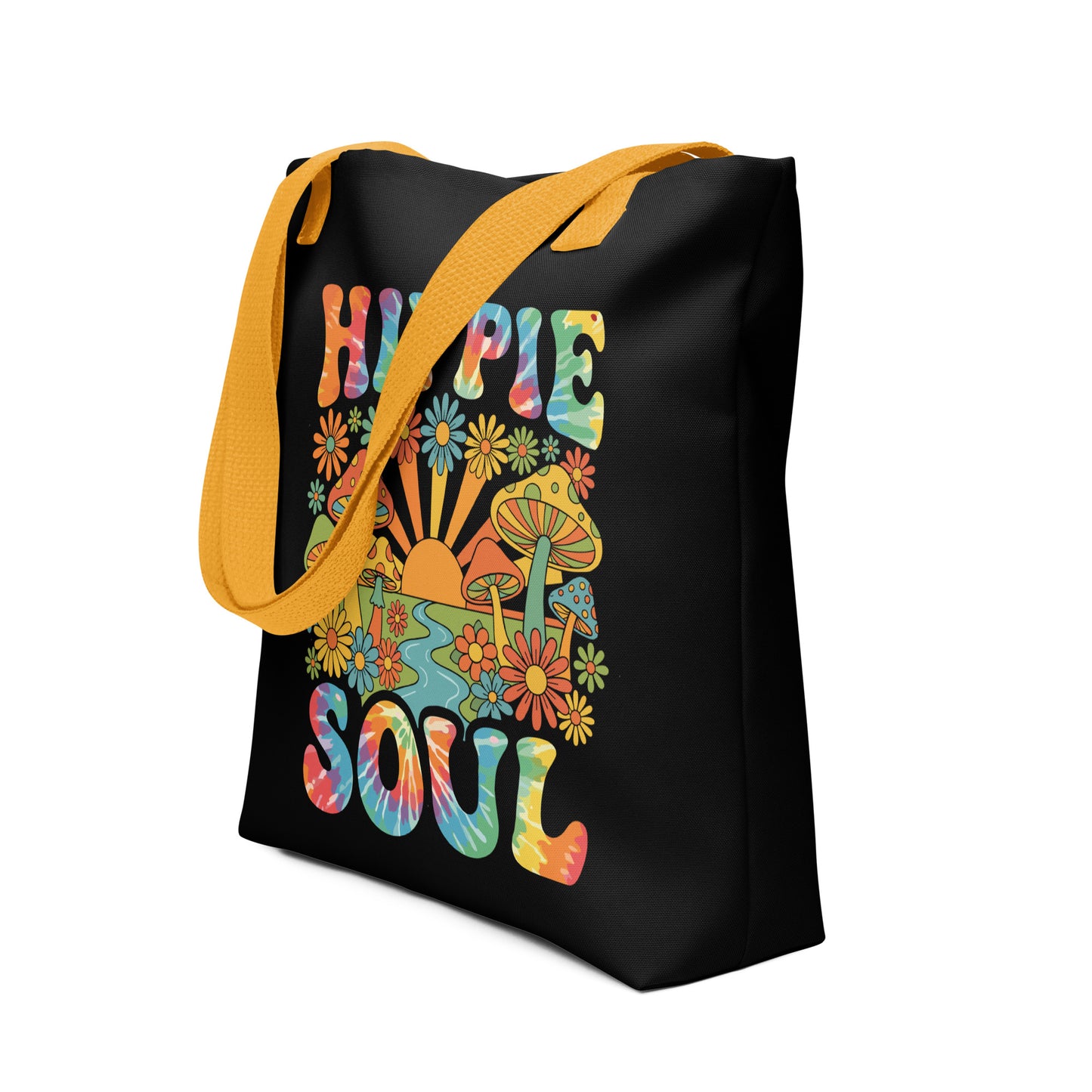 Retro Hippie Soul polyester tote bag featuring colorful mushrooms, daisies, sunburst, and tie-dye typography.
