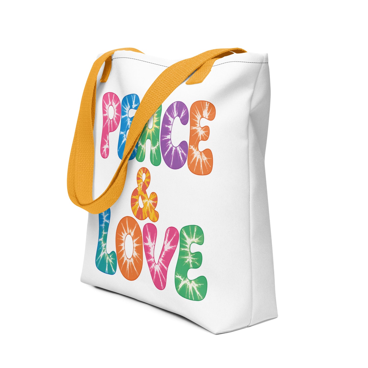 Retro tie-dye Peace and Love lettering printed on a reusable black polyester tote bag with vibrant 60s rainbow font.