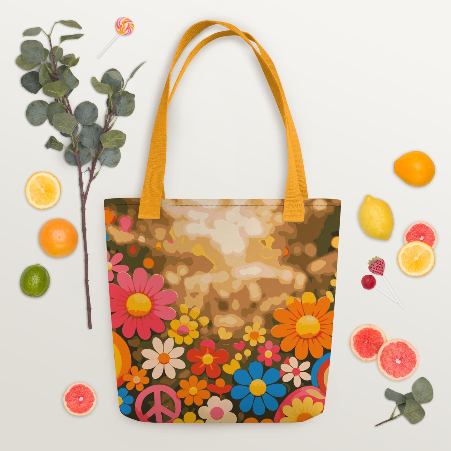 Durable, high-quality canvas tote bag with reinforced stitching and a vibrant all-over retro print, perfect for books, groceries, or travel.