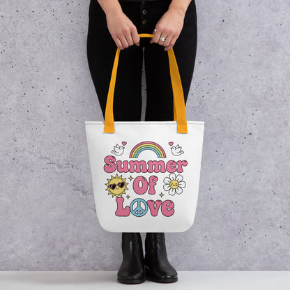 Retro Summer of Love sticker design with pink bubble letters, rainbow, sun, and daisy on a black background.