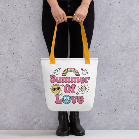 Retro Summer of Love sticker design with pink bubble letters, rainbow, sun, and daisy on a black background.