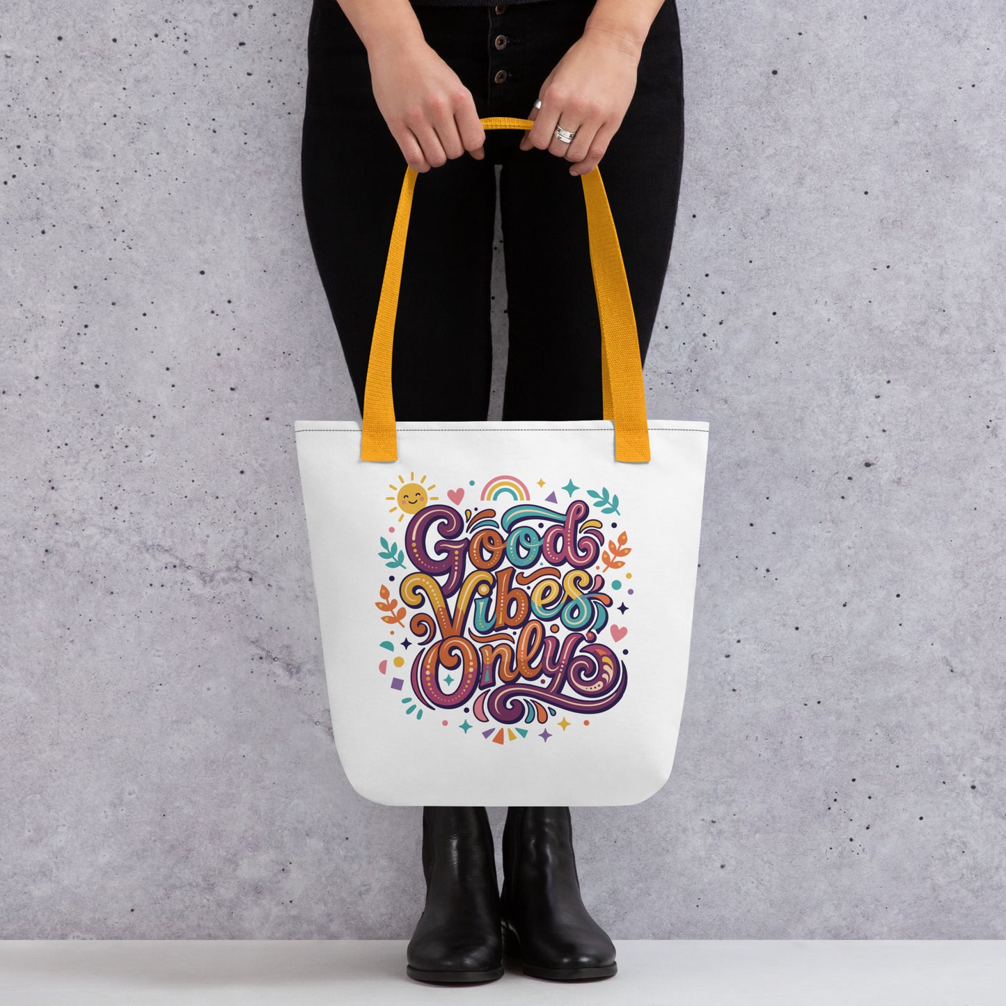 tote bag with 'Good Vibes Only' groovy text, rainbows, and smiling sun in a vibrant 70s psychedelic style.
