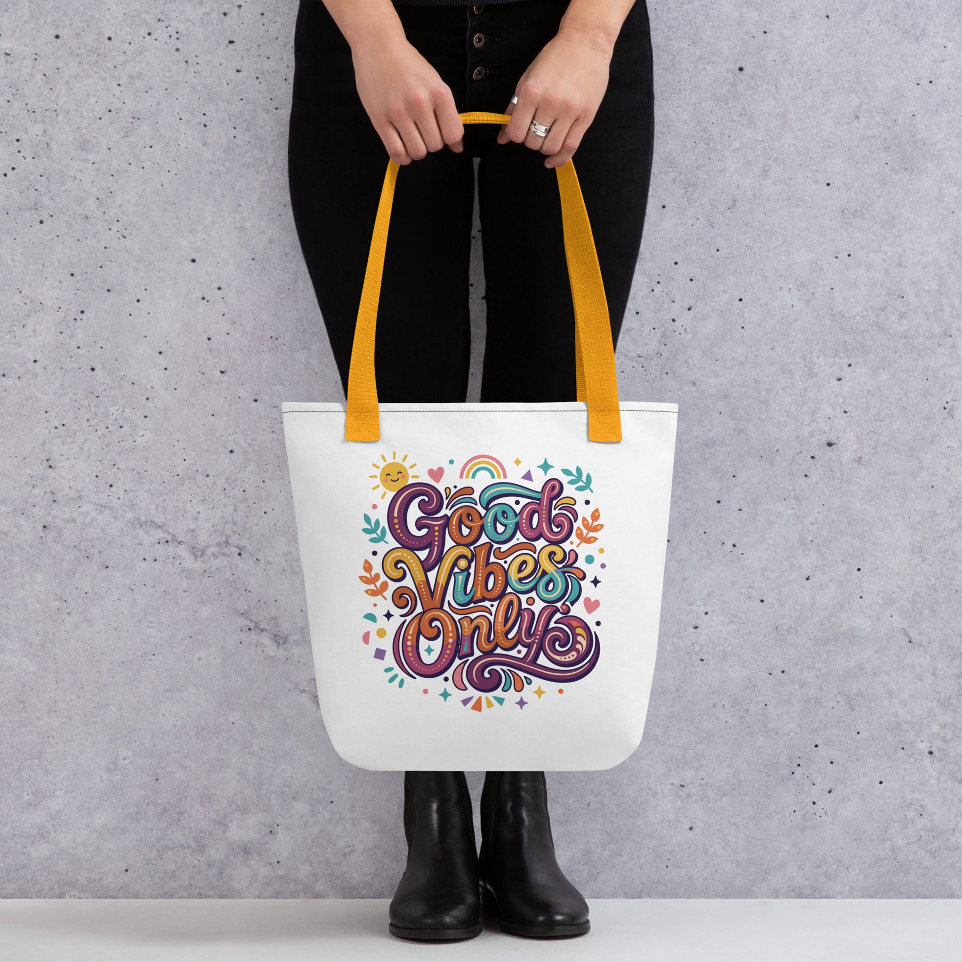tote bag with 'Good Vibes Only' groovy text, rainbows, and smiling sun in a vibrant 70s psychedelic style.