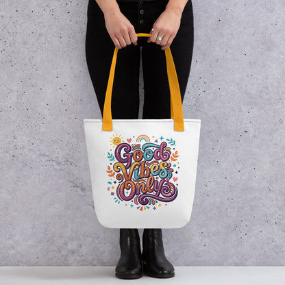tote bag with 'Good Vibes Only' groovy text, rainbows, and smiling sun in a vibrant 70s psychedelic style.