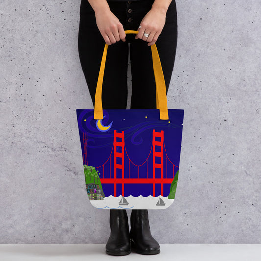 Illustration of Golden Gate Bridge and Sutro Tower under a starry night sky with a crescent moon on a tote bag.
