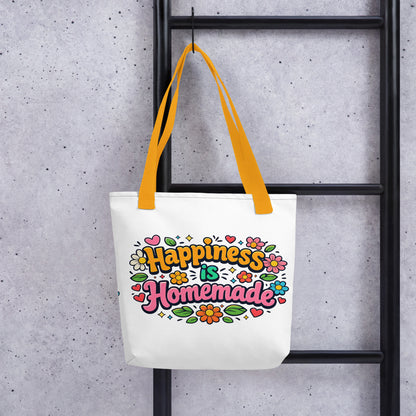 Retro tote bag featuring 'Happiness is Homemade' text with 1970s style flowers and hearts on a black background.