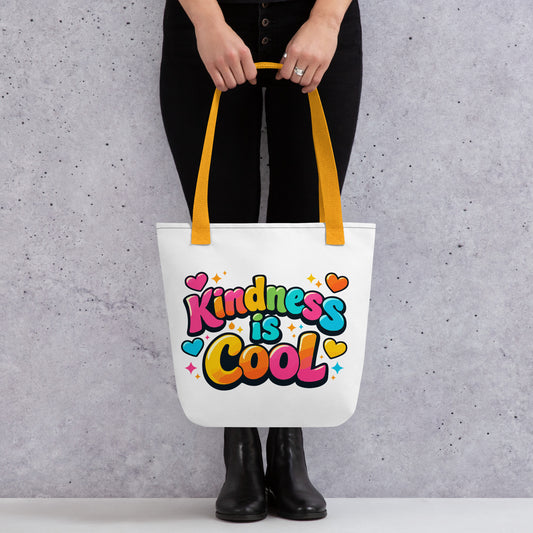 Vibrant 3D bubble lettering saying Kindness is Cool with colorful hearts and stars on a black background for a tote bag.
