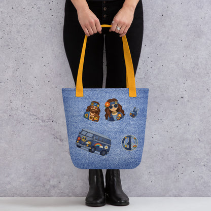 Digital art of a tote bag design featuring denim-textured patches of a hippie couple, a blue bus, and peace symbols.