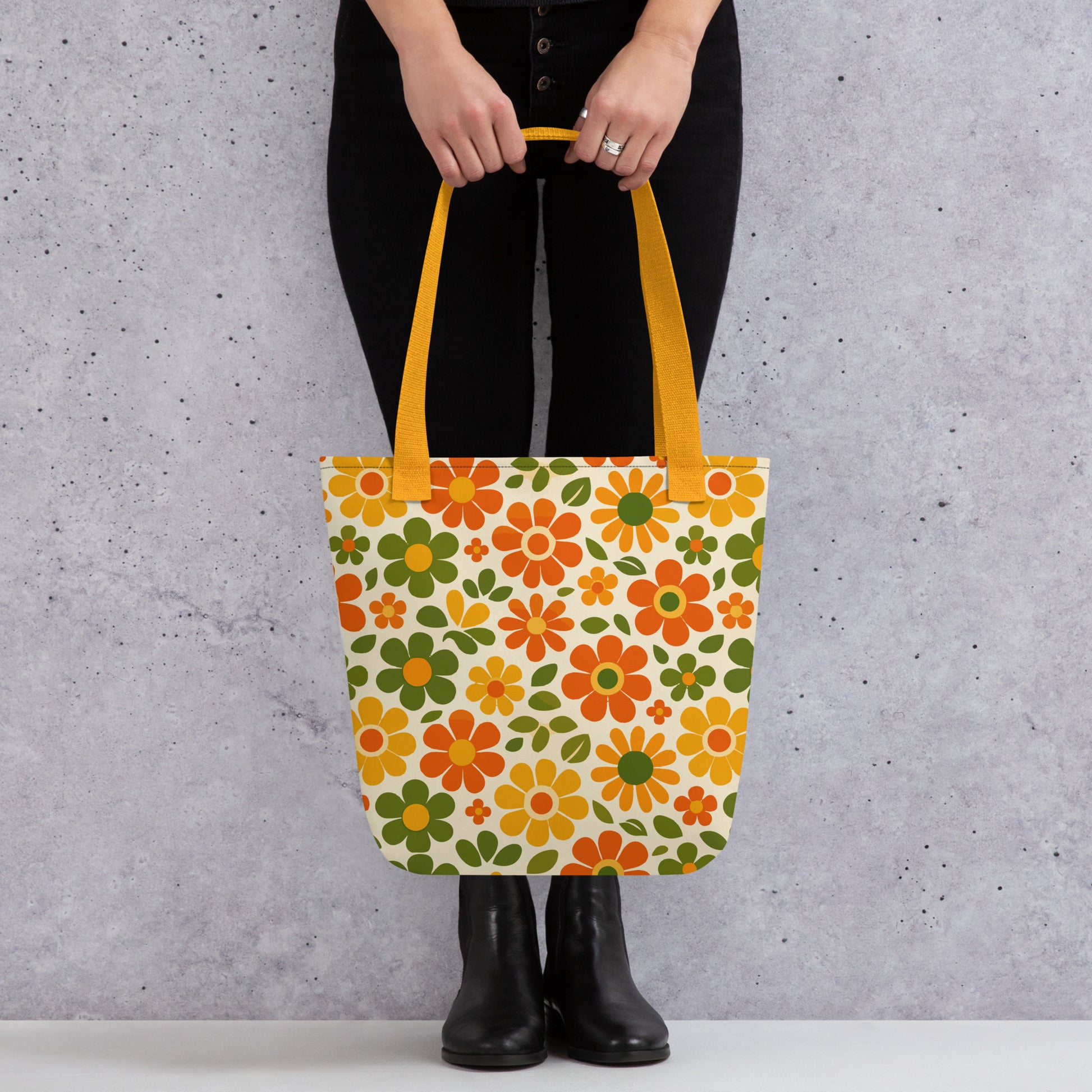 Vibrant 1970s retro flower power pattern printed on a polyester tote bag with groovy orange and yellow daisy graphics.