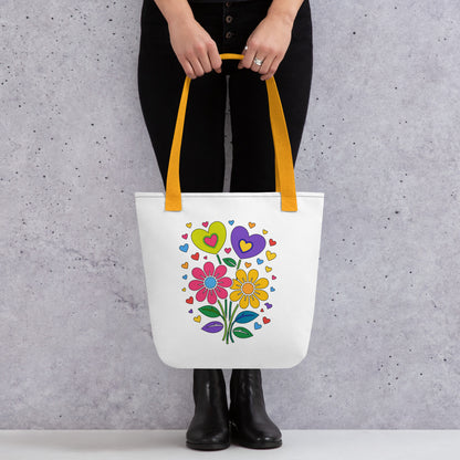 Bright 70s retro style illustration of pink and yellow daisy flowers with colorful heart bouquets. FaroutGoods