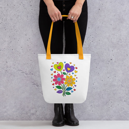 Bright 70s retro style illustration of pink and yellow daisy flowers with colorful heart bouquets. FaroutGoods