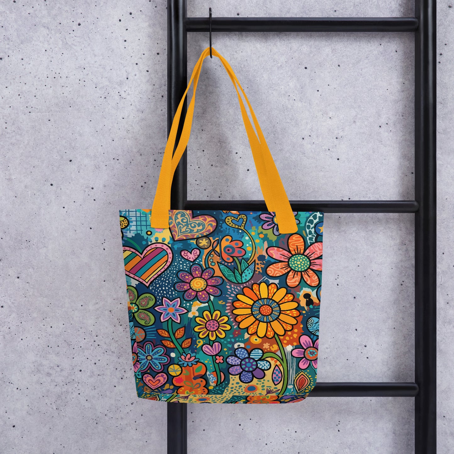 Retro psychedelic polyester tote bag featuring vibrant 60s flower power graphics, colorful hearts, and boho doodle art.