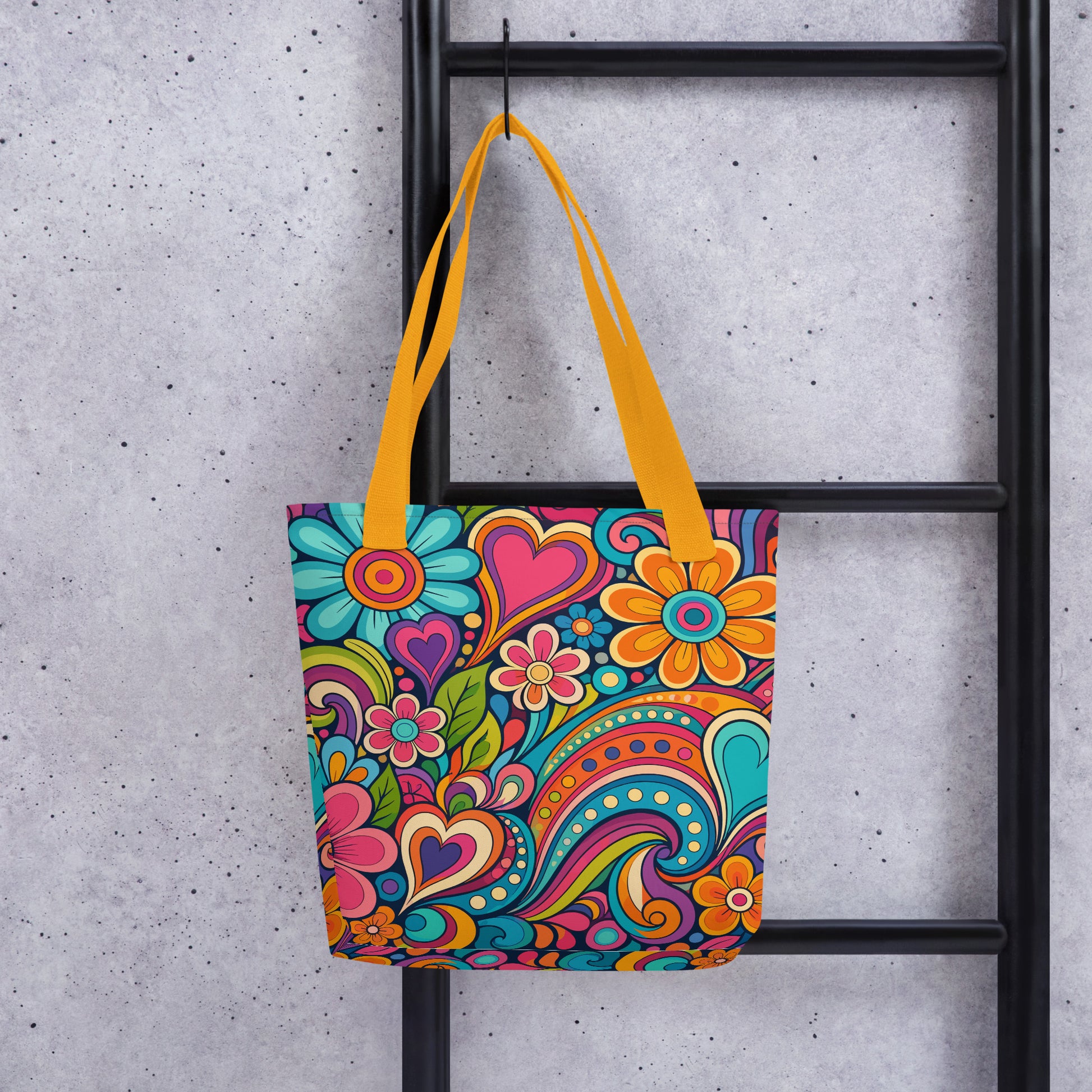 Polyester tote bag featuring a colorful 70s psychedelic doodle pattern of groovy flowers, retro swirls, and hearts.