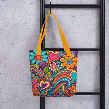 Polyester tote bag featuring a colorful 70s psychedelic doodle pattern of groovy flowers, retro swirls, and hearts.