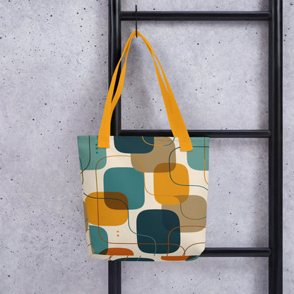 Retro geometric polyester tote bag featuring mid-century rounded squares and lines in teal, mustard yellow, and orange.