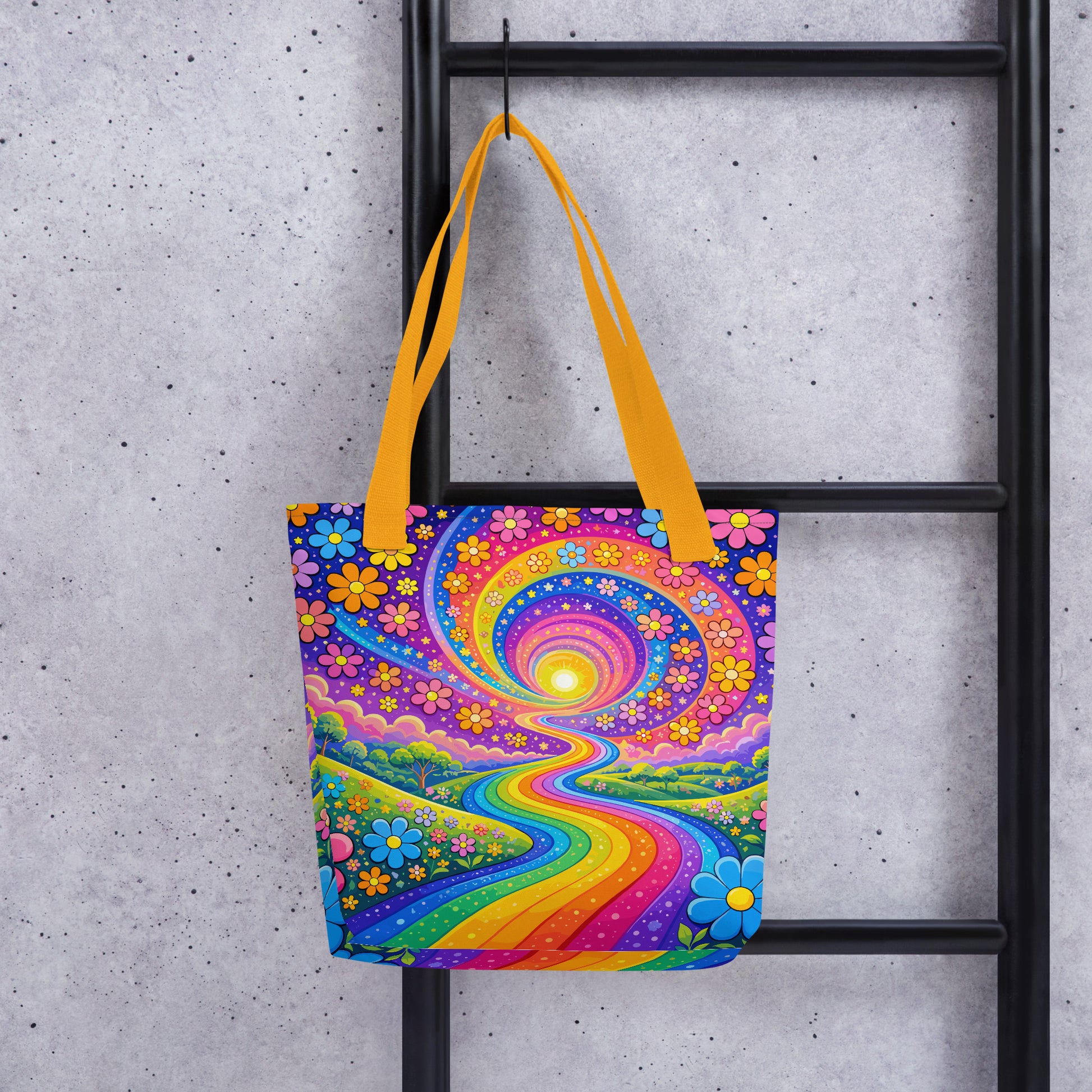 Psychedelic tote bag featuring a vibrant rainbow road winding through green hills with colorful daisy flowers