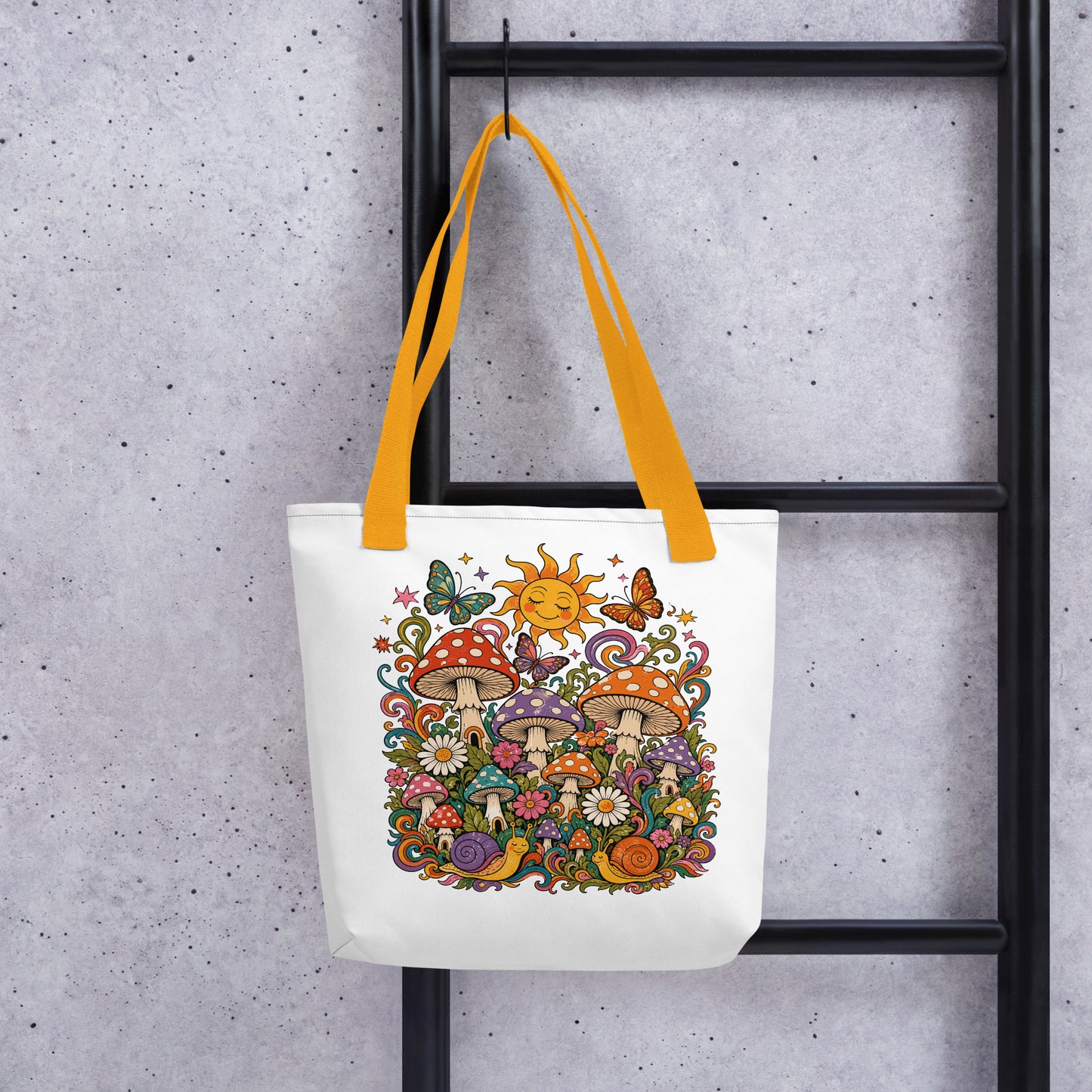 Colorful 70s retro polyester tote bag featuring psychedelic mushrooms, smiling snails, butterflies, and a sunny sky.