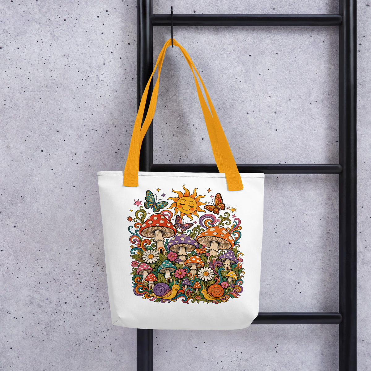 Colorful 70s retro polyester tote bag featuring psychedelic mushrooms, smiling snails, butterflies, and a sunny sky.