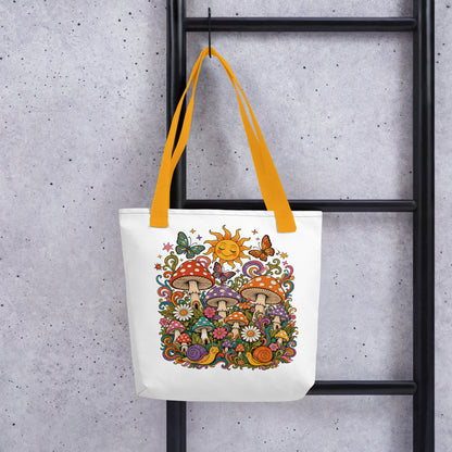 Colorful 70s retro polyester tote bag featuring psychedelic mushrooms, smiling snails, butterflies, and a sunny sky.