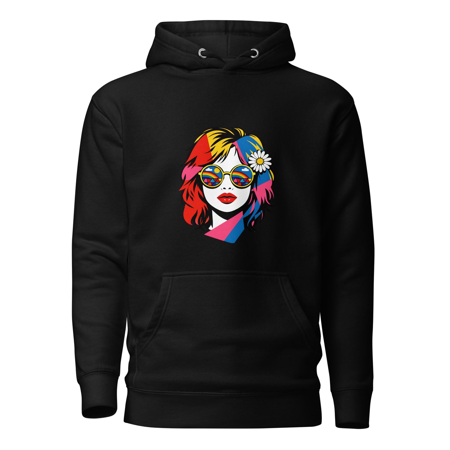 Vibrant pop art woman with rainbow sunglasses and a daisy on a black faroutgoods hoodie for a retro 70s aesthetic.