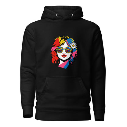 Vibrant pop art woman with rainbow sunglasses and a daisy on a black faroutgoods hoodie for a retro 70s aesthetic.