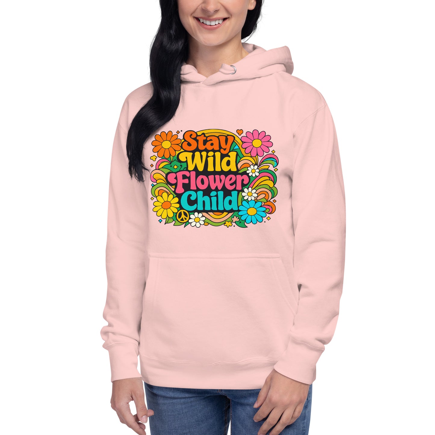 Retro Stay Wild Flower Child colorful typography design with daisies and rainbows for a 70s style hoodie.