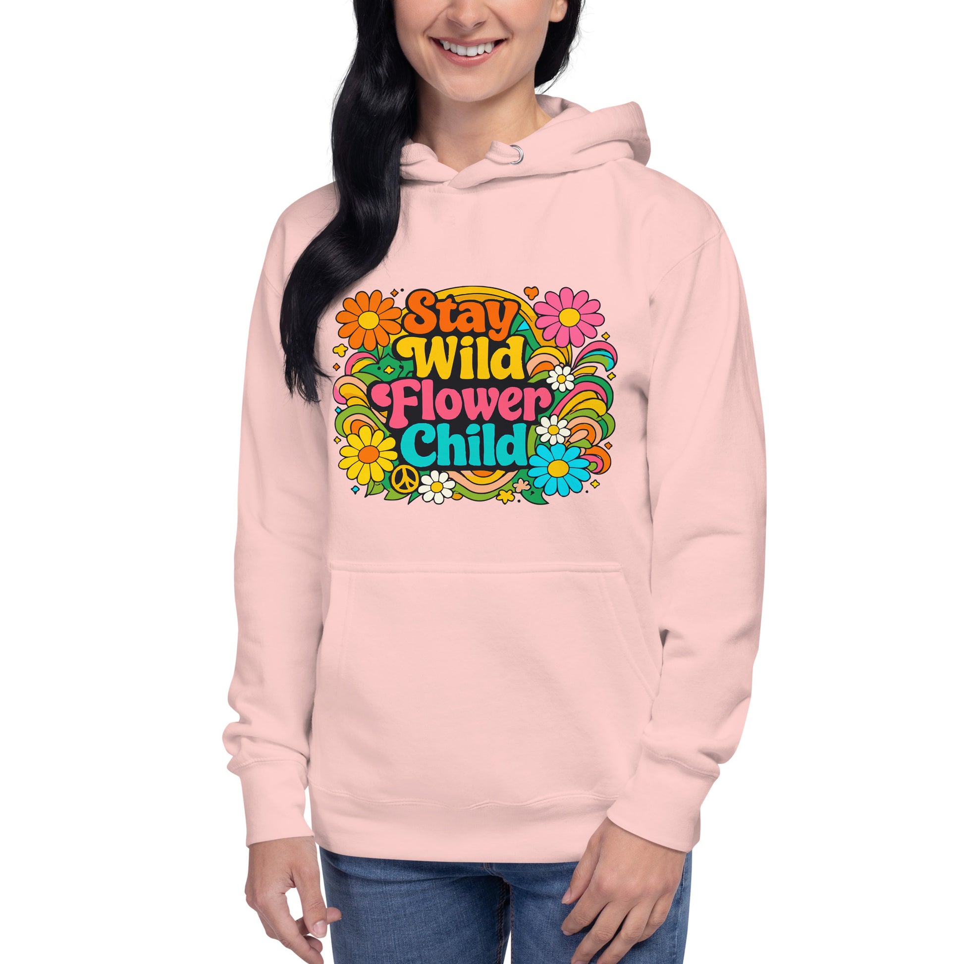 Retro Stay Wild Flower Child colorful typography design with daisies and rainbows for a 70s style hoodie.