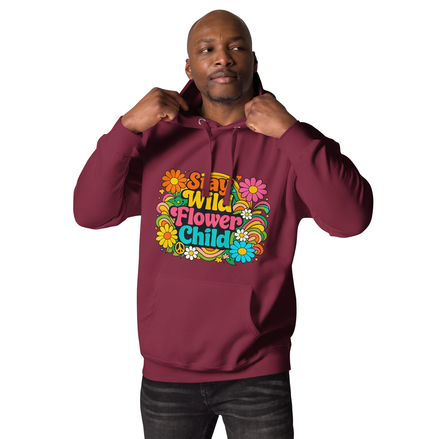 Retro Stay Wild Flower Child colorful typography design with daisies and rainbows for a 70s style hoodie.