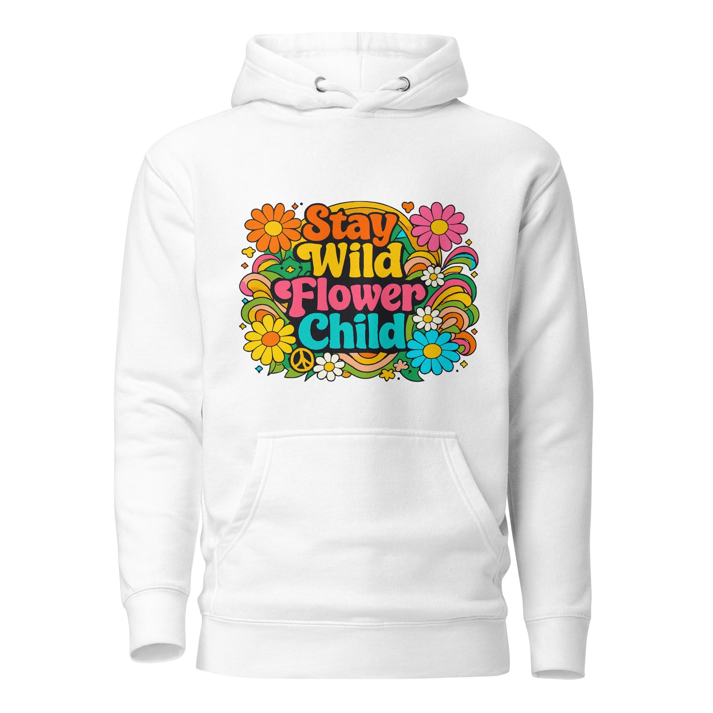Retro Stay Wild Flower Child colorful typography design with daisies and rainbows for a 70s style hoodie.