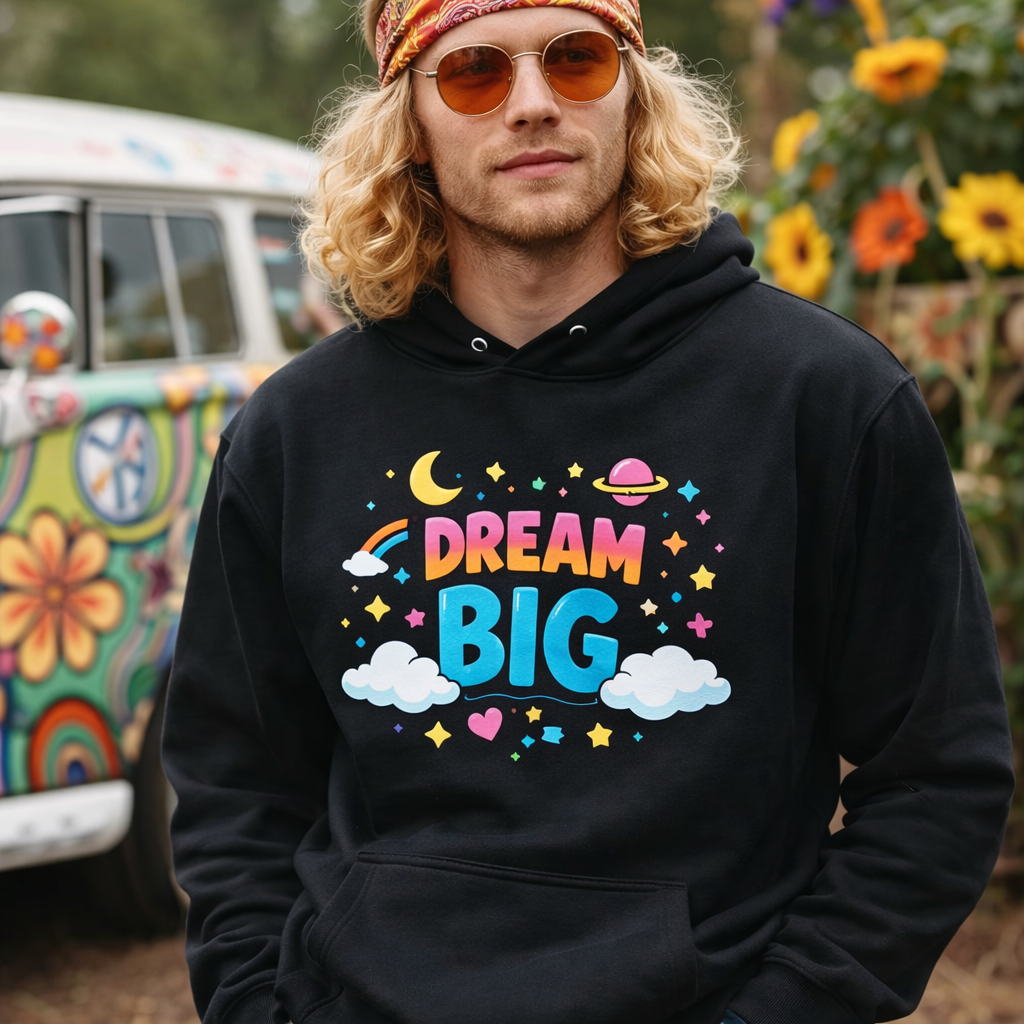 Vibrant Dream Big text in 70s bubble font with pink, yellow, and blue colors, surrounded by stars and a crescent moon.
