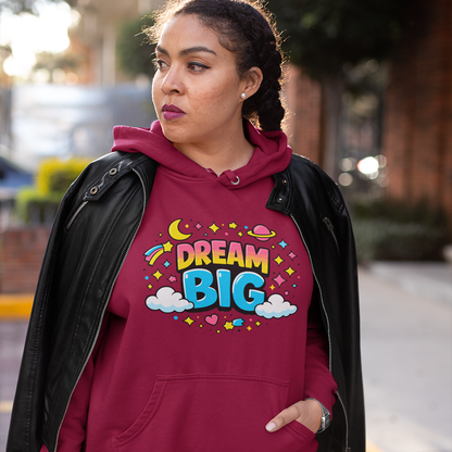 Vibrant Dream Big text in 70s bubble font with pink, yellow, and blue colors, surrounded by stars and a crescent moon.