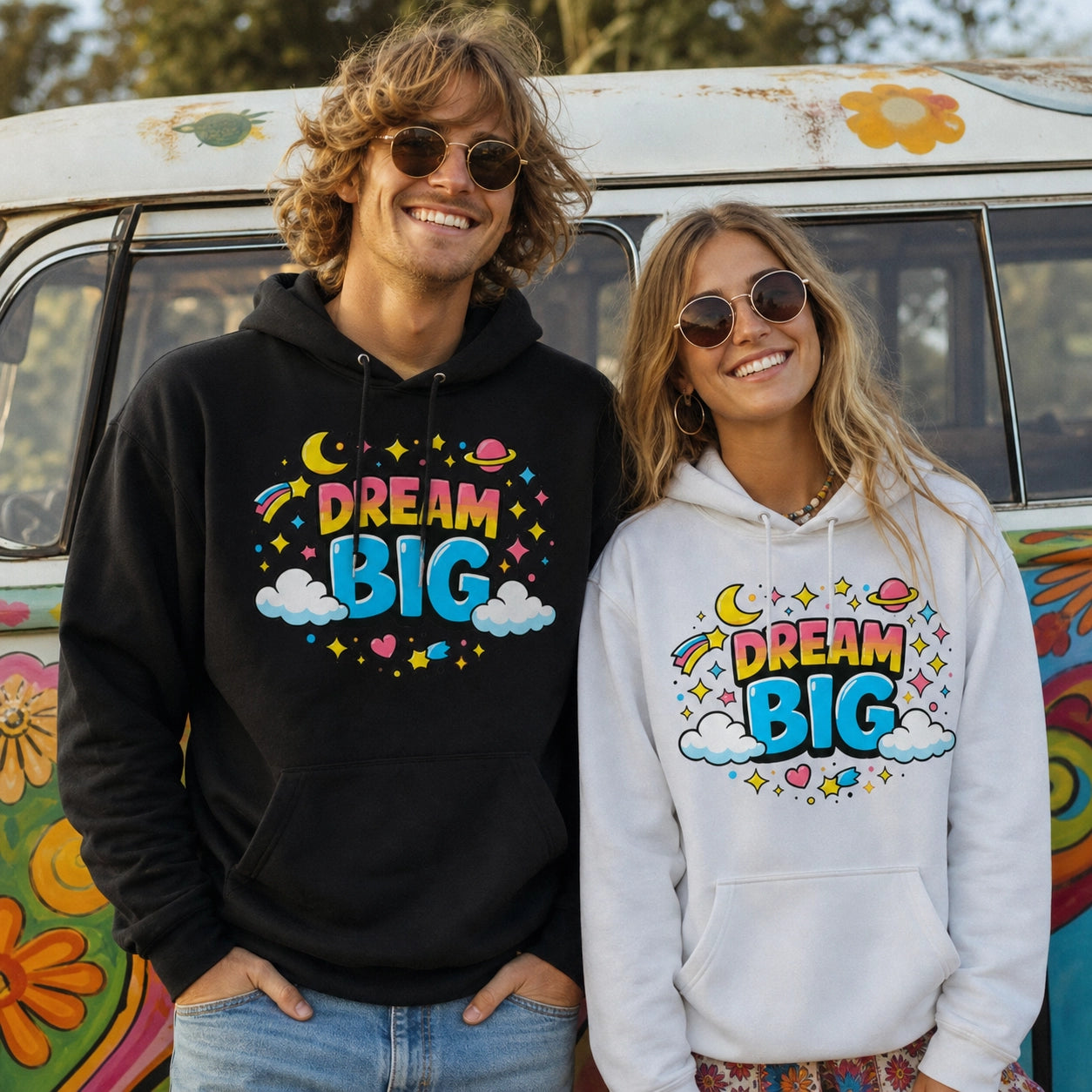 A man and a woman wearing matching 'Dream Big' graphic hoodies, one in black and one in white, standing in front of a colorful vintage van.