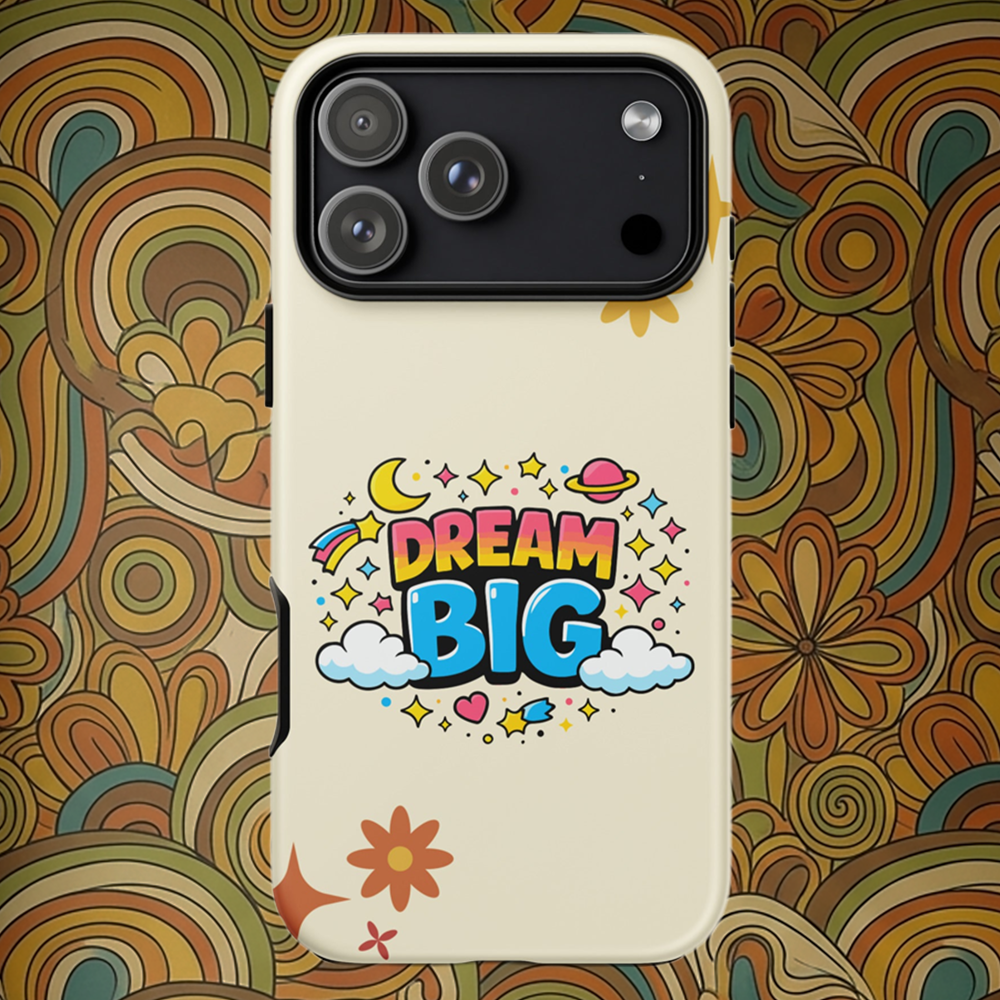 Vibrant Dream Big text with stars and planets in a retro 70s cosmic style on a black iPhone case.