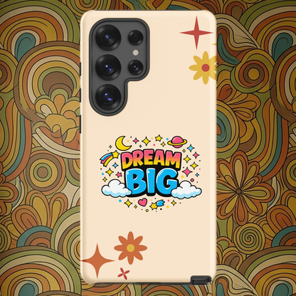 Retro cosmic Dream Big design with stars, planets, and clouds in vibrant colors on a black Samsung Galaxy phone case.